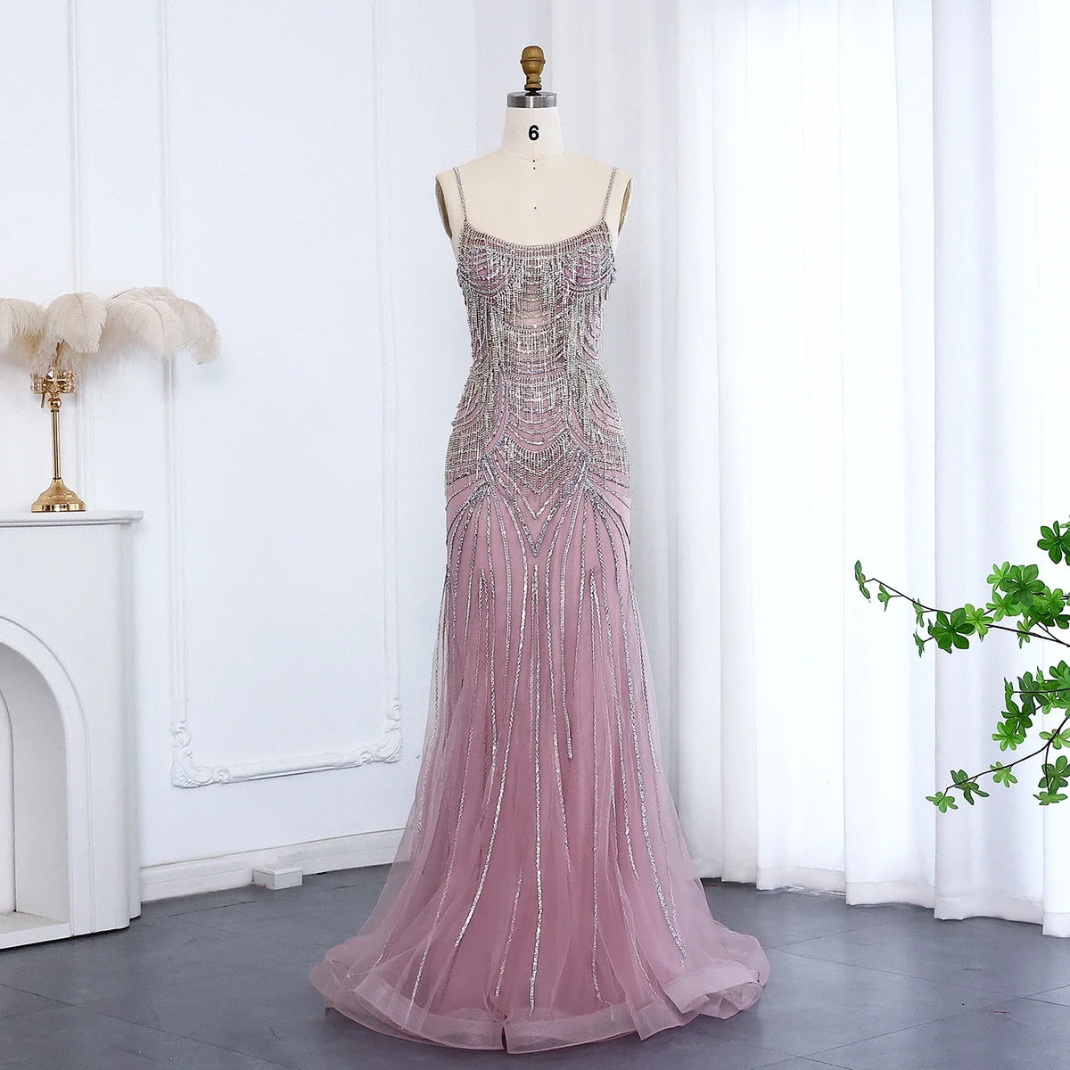 Crystal Tassel Mermaid Spaghetti Straps Gown