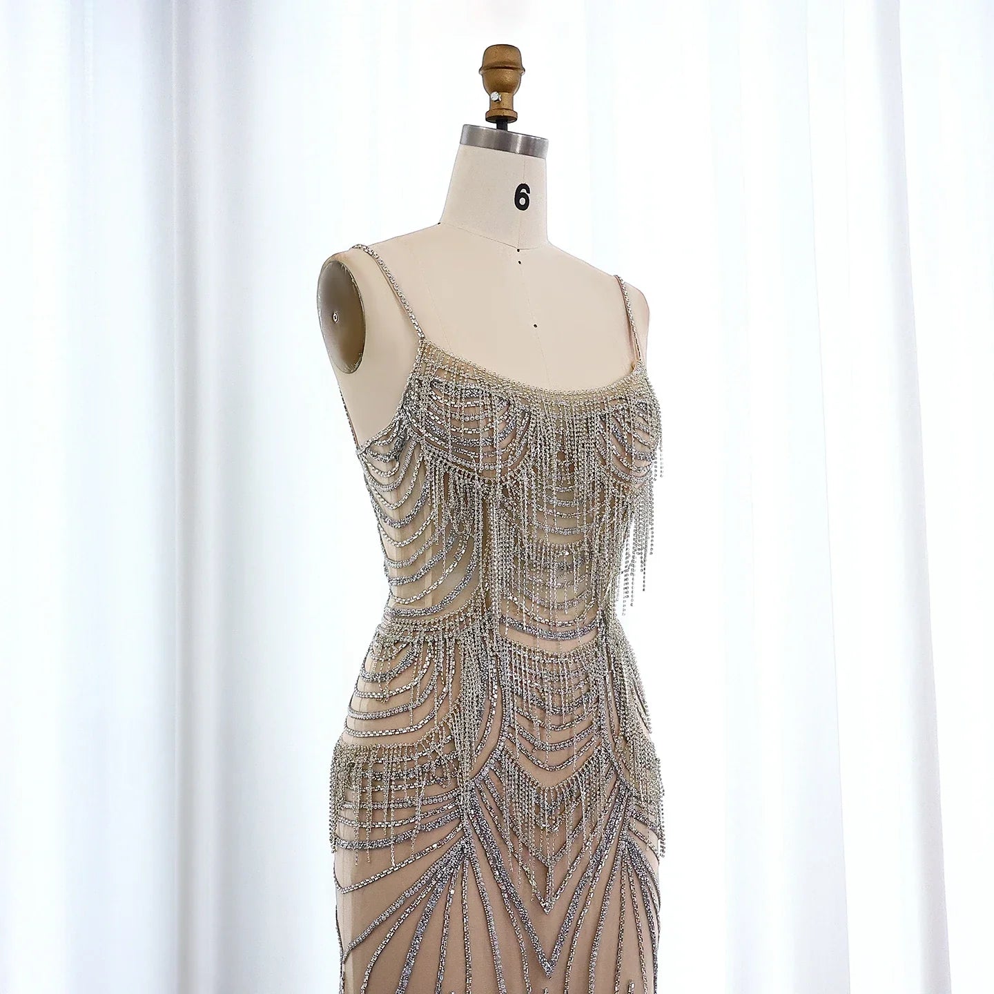 Crystal Tassel Mermaid Spaghetti Straps Gown