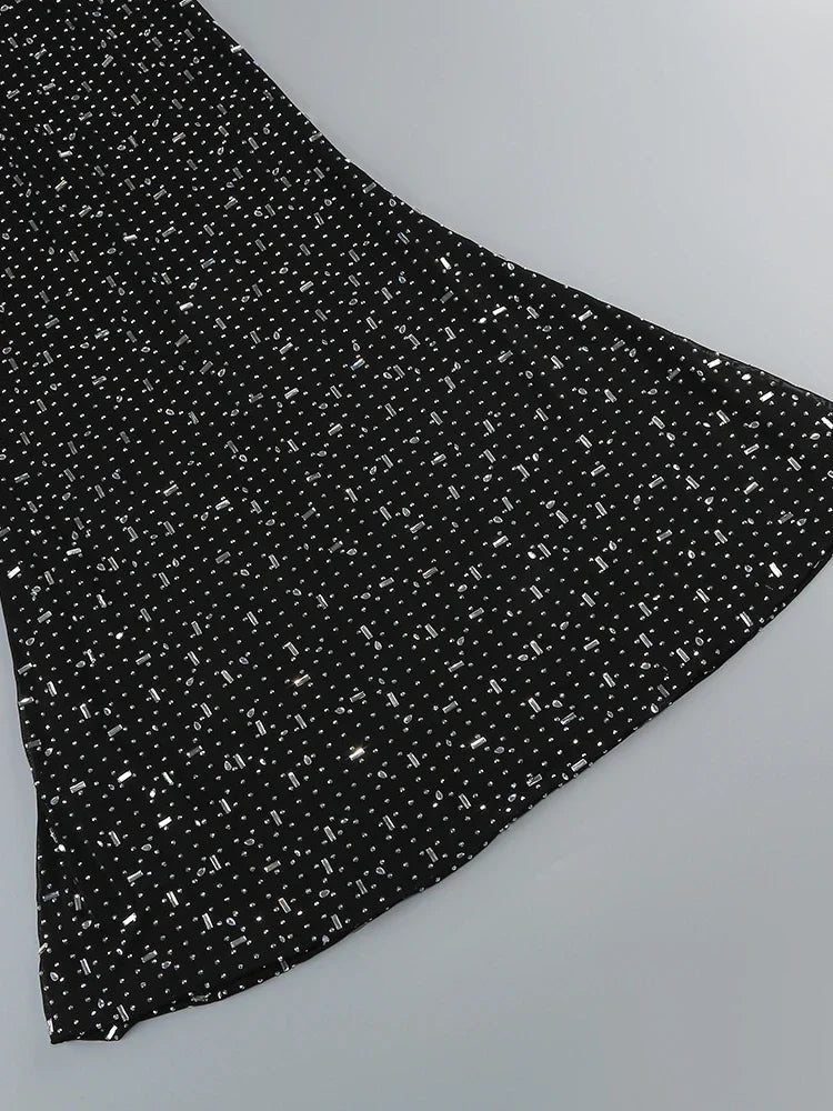 Turtleneck Long Sleeve Mesh Crystal Diamond Black Dress