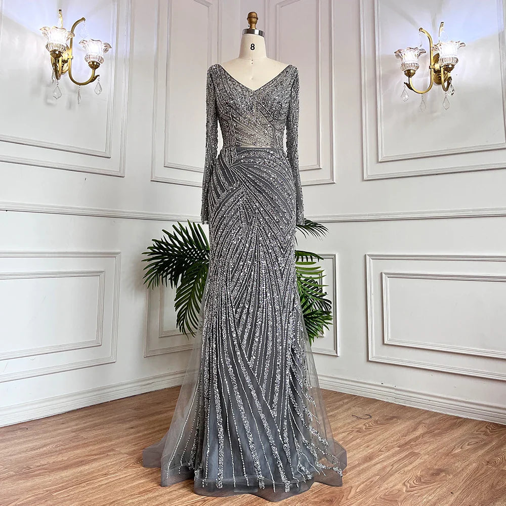 Blue Mermaid Beaded Long Sleeves Evening Gown