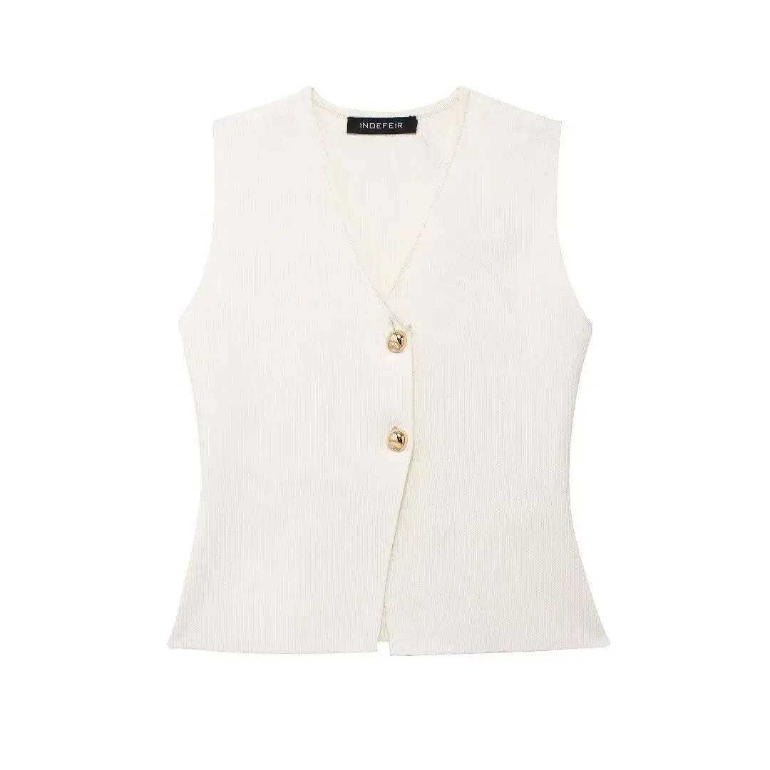 Button Knit Top Side Zipper Skirt Suit