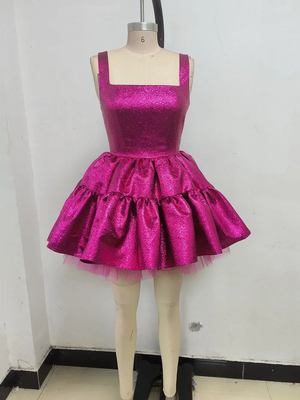 Sling Square Neck Ball Gown Fuchsia Mini Dress