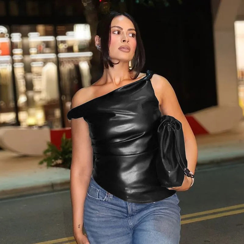Skew Collar Leather Pleated Top