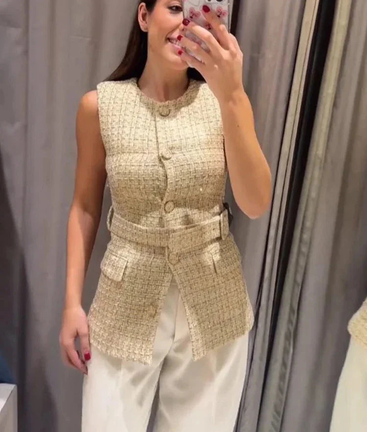 Yellow Belted Textured Single Breasted Vest