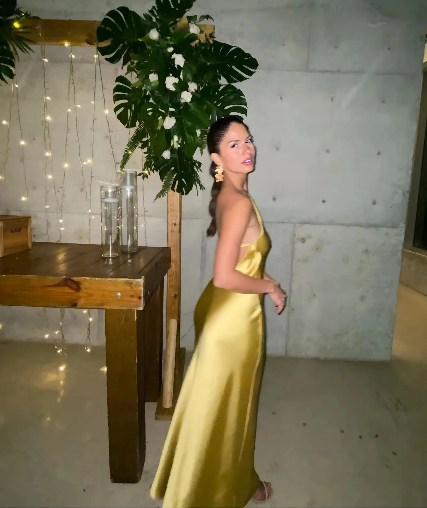 Backless Satin Slant Shoulder Solid Slit Long Dress