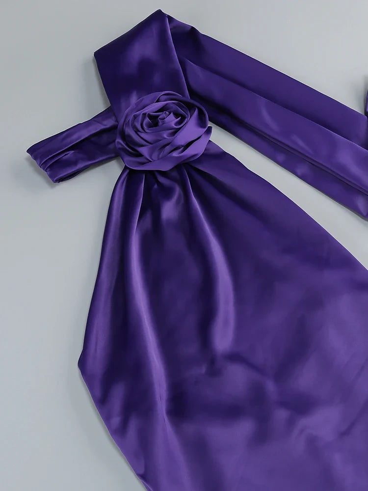 Purple Satin Halter Neck 3D Flower Scarf Maxi Dress
