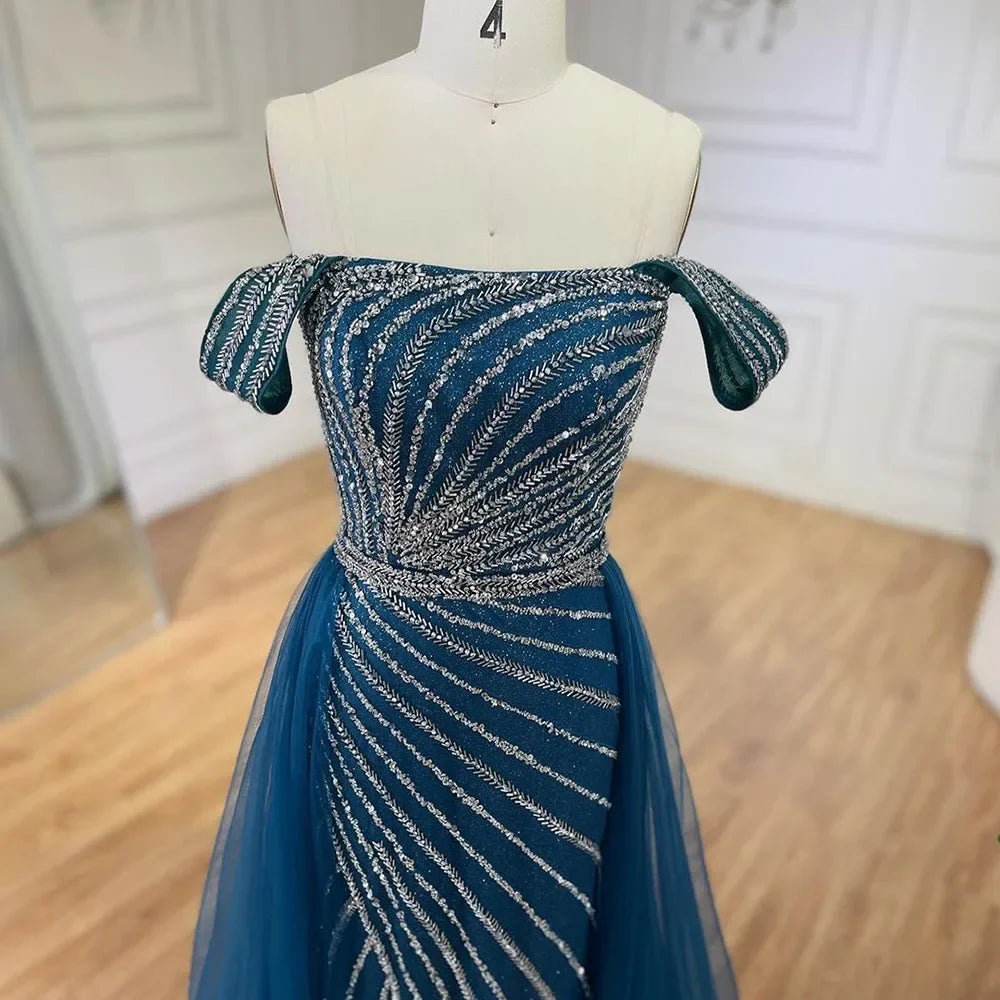 Boat Neck Split Mermaid Elegant Beaded Gowns