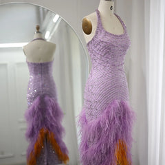 Lilac Feather Mermaid Evening Gown