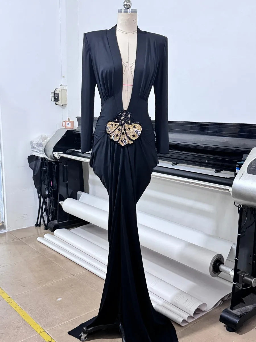 Deep V Neck Long Sleeves Black Maxi Dress  Party Gown