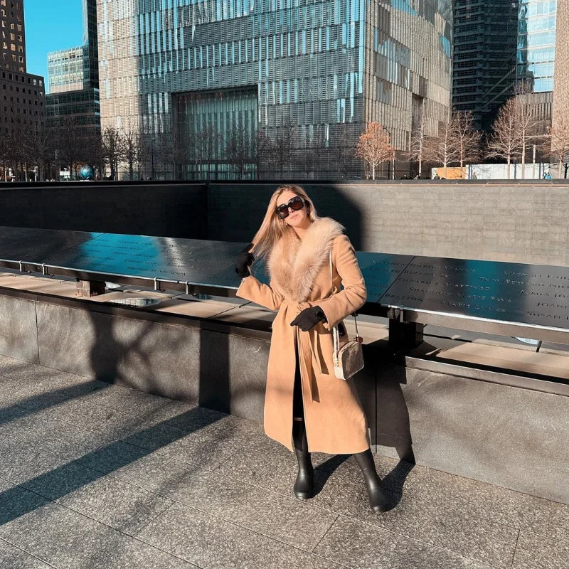 Wool Lace-Up Fur Lapel Thick Over Coat