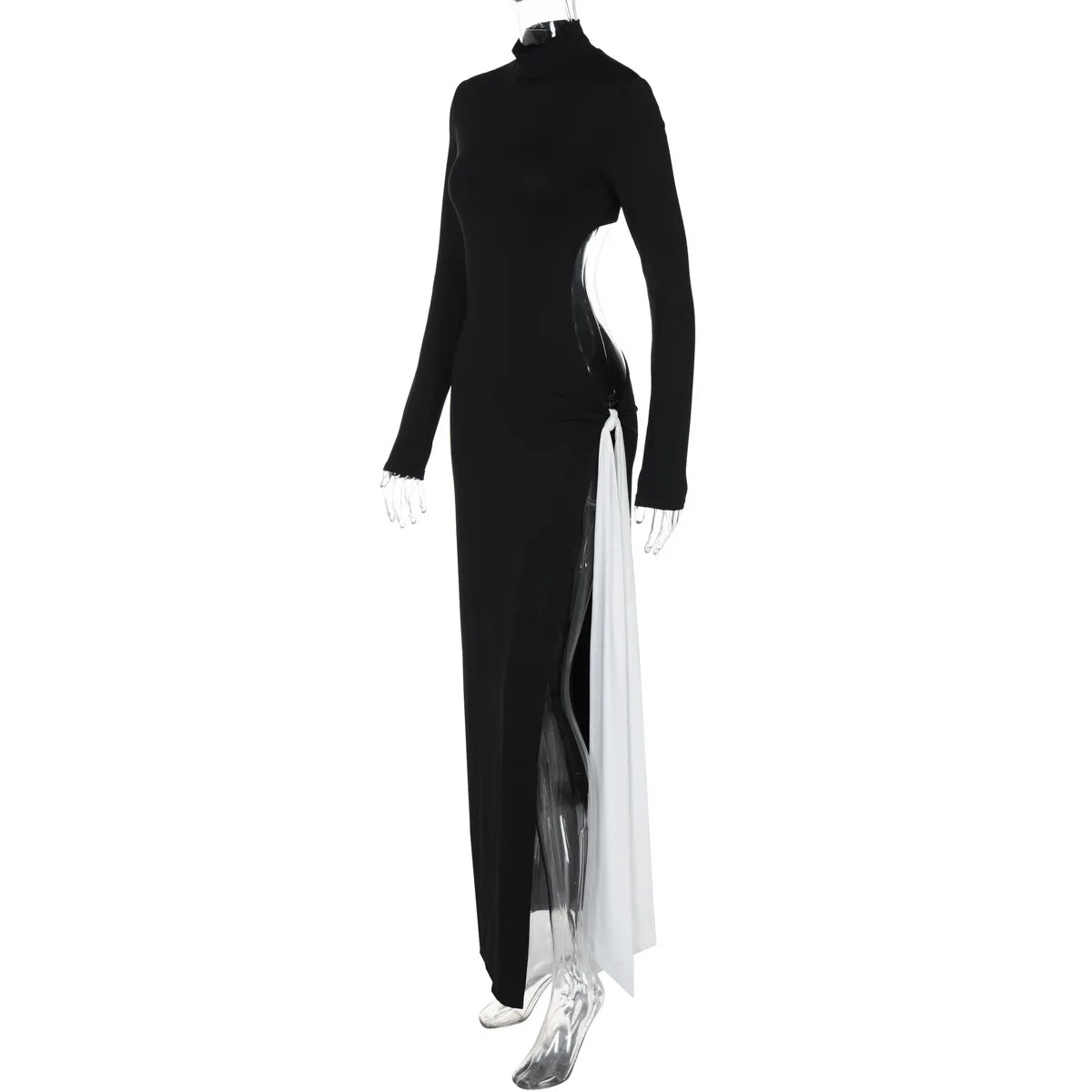 Turtleneck High Slit Contrast Color Ribbon Dress