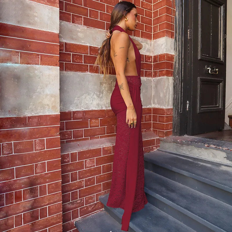 Halter Deep V Neck Lace Sleeveless Long Dress