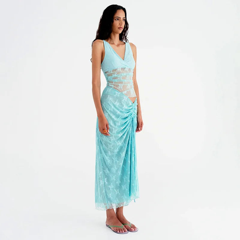 Elegant Summer Lace V-Neck 2-Piece Maxi Skirt Set