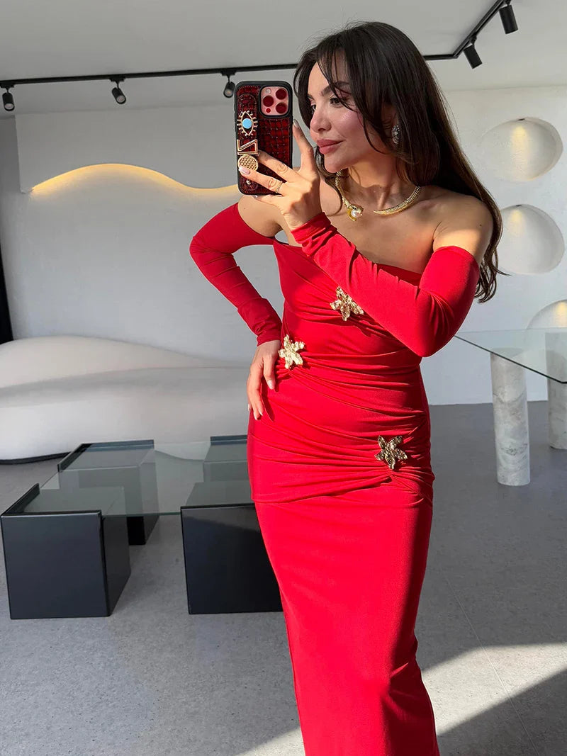 Metal Buckle Off-shoulder Backless Long Dress