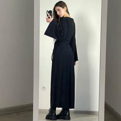 Ribbed Solid Lace-up Long Sleeve Dress