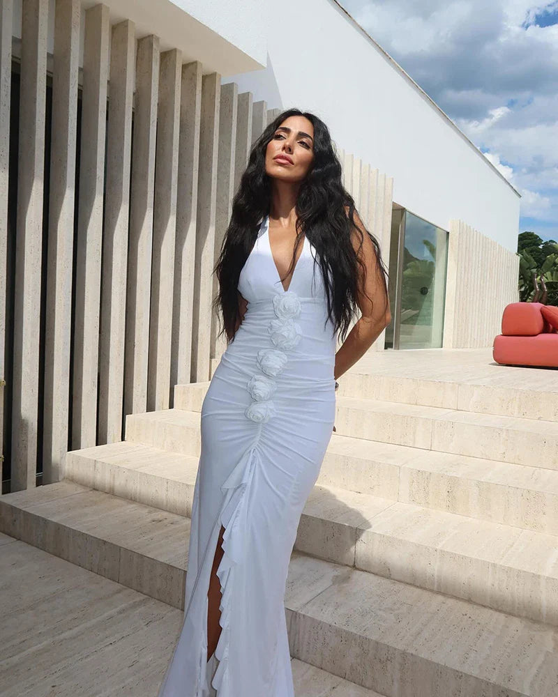 White Floral Halter Sleeveless Ruffled Long Dress