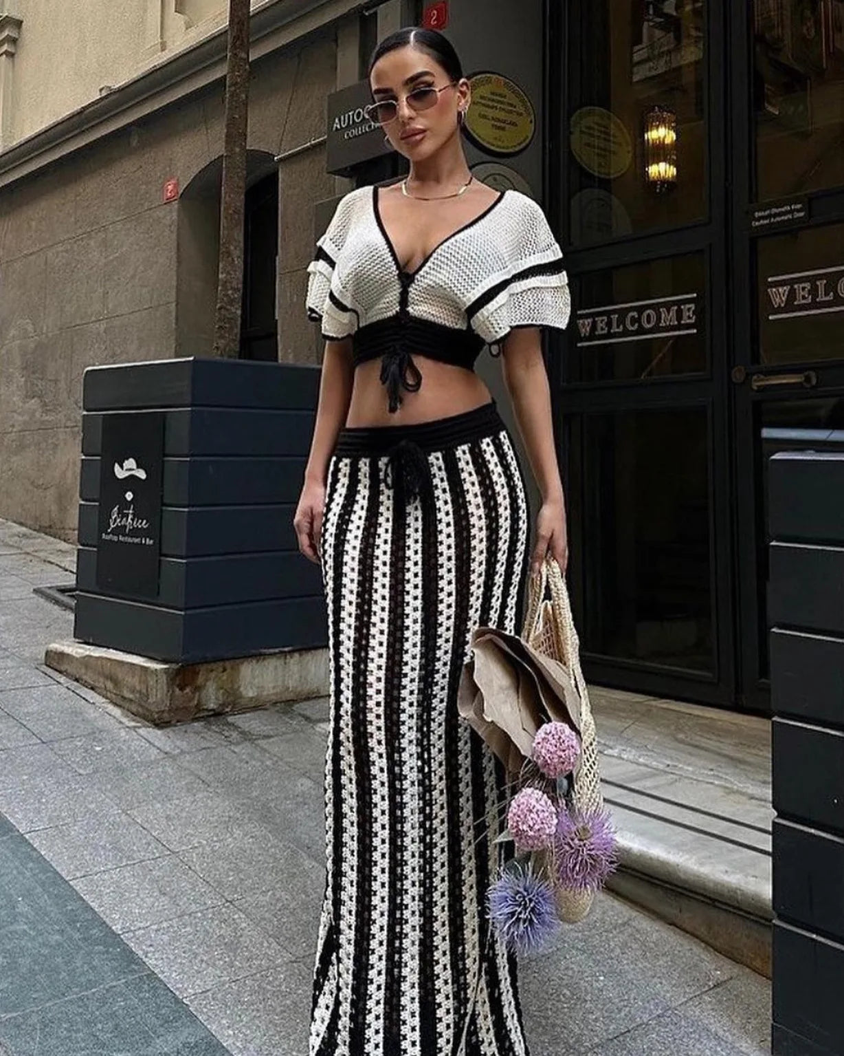 Striped Knitted Top and Long Skirt Set