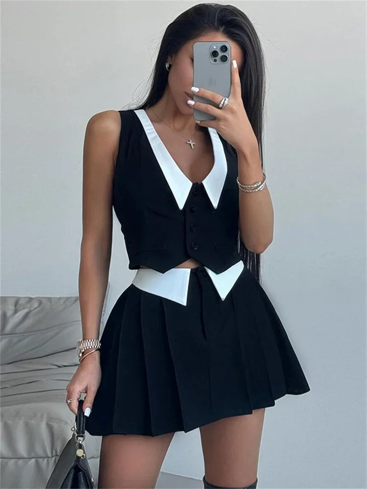 Sleeveless Top High Waist Pleated Skirt Suit
