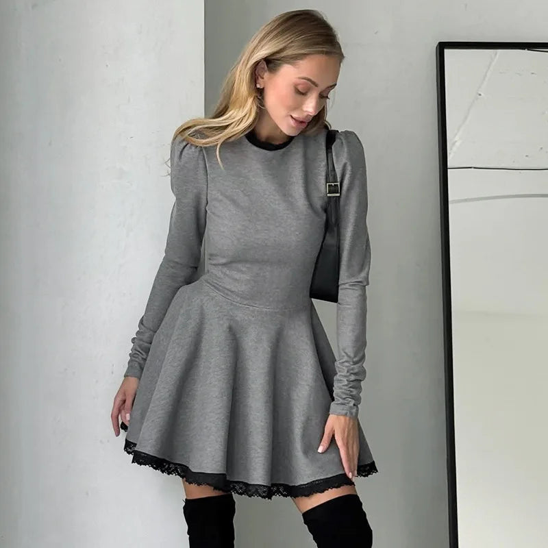 Patchwork Gray Long Sleeve A-line Mini Dress