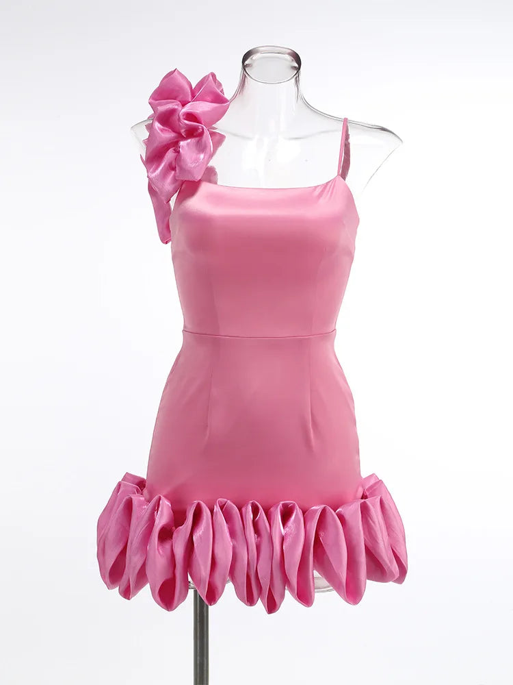 Pink One Shoulder Ruffles Mini Dress