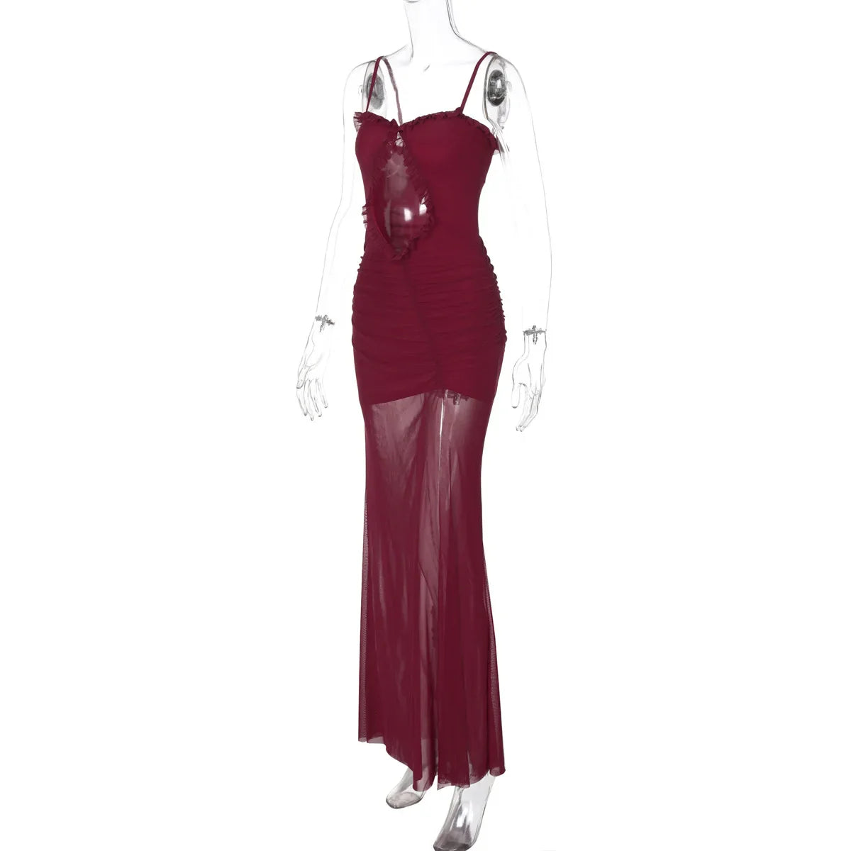 Mesh Patchwork Hollow Out Ruffled Long Dress