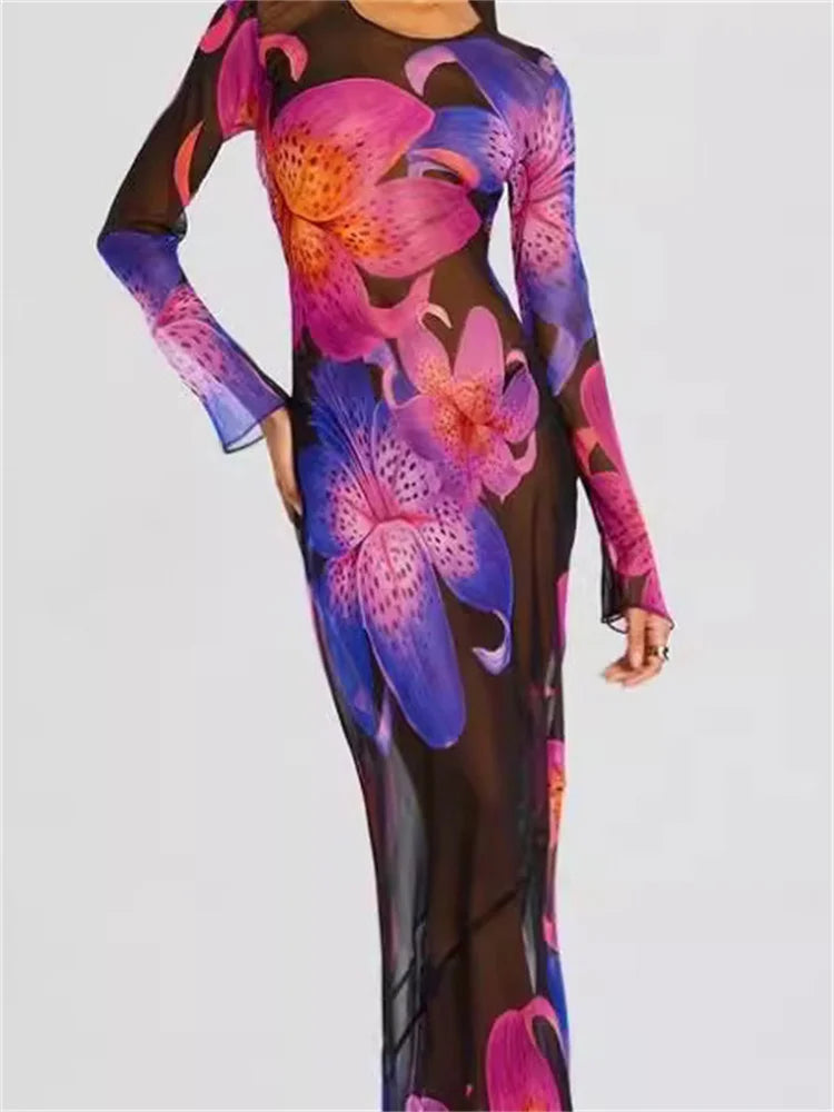 Chiffon Printed Backless Lace-Up Maxi Dress for Women