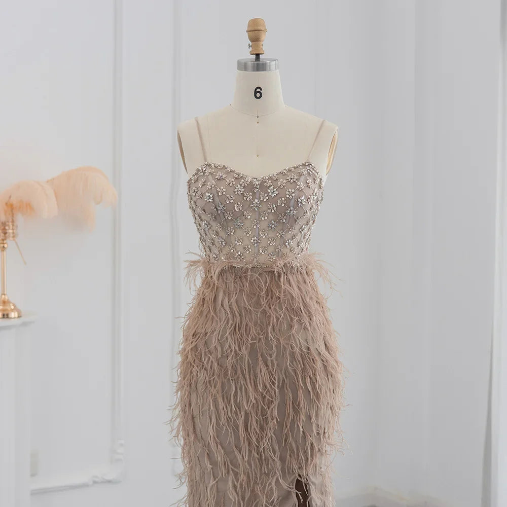 Feathers Spaghetti Straps Side Slit Prom Dress