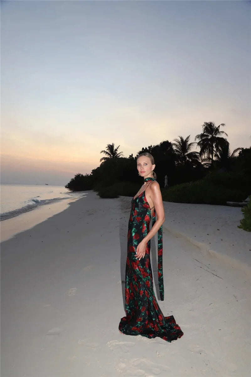 Halter Backless Print Sleeveless High Waist Long Dress