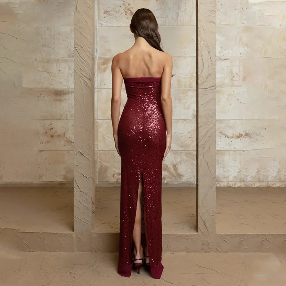 Strapless Sequin Slit Backless Dress
