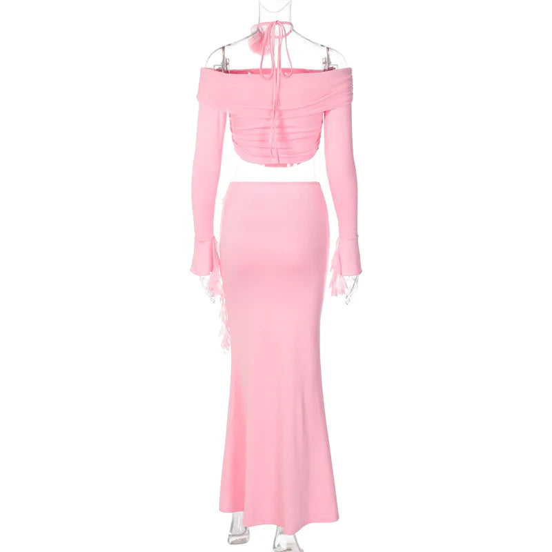 Off Shoulder Crop Top, Bodycon Maxi Skirt Set