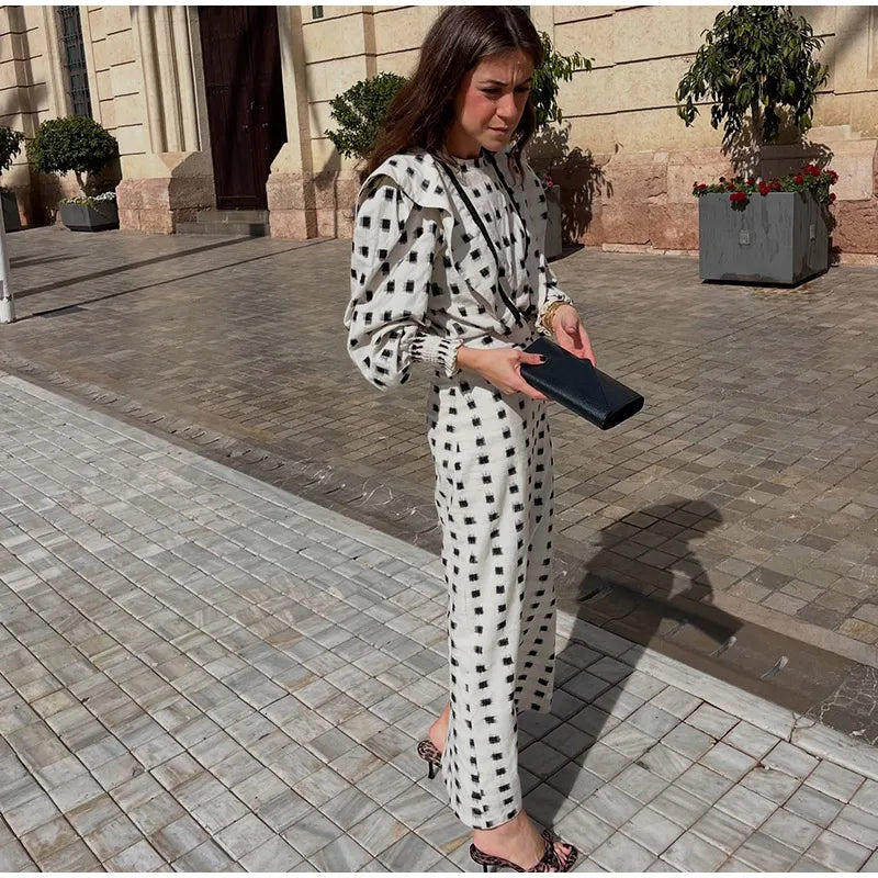 Plaid Puff Sleeve Long Skirt Suit Fashion Ruffles
