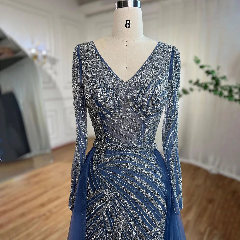 Blue Mermaid Beaded Long Sleeves Evening Gown