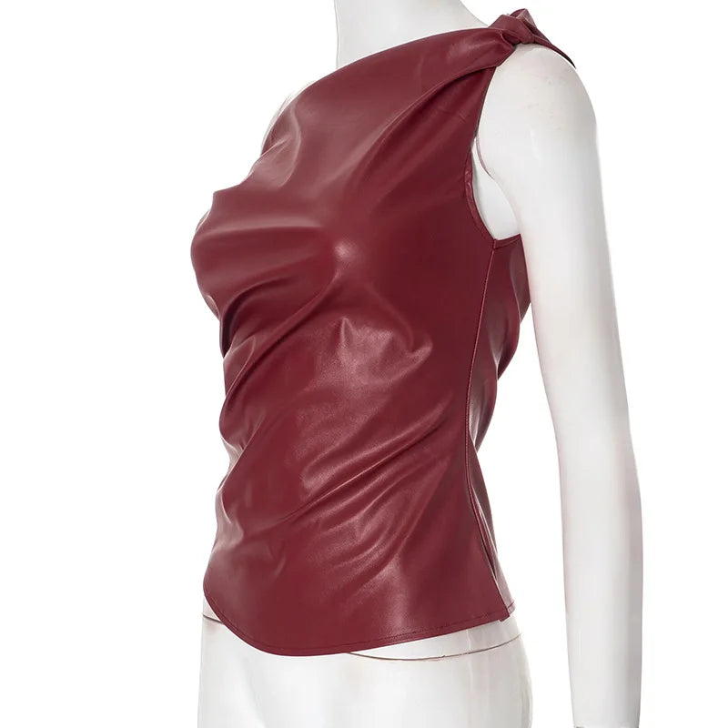 Skew Collar Leather Pleated Top