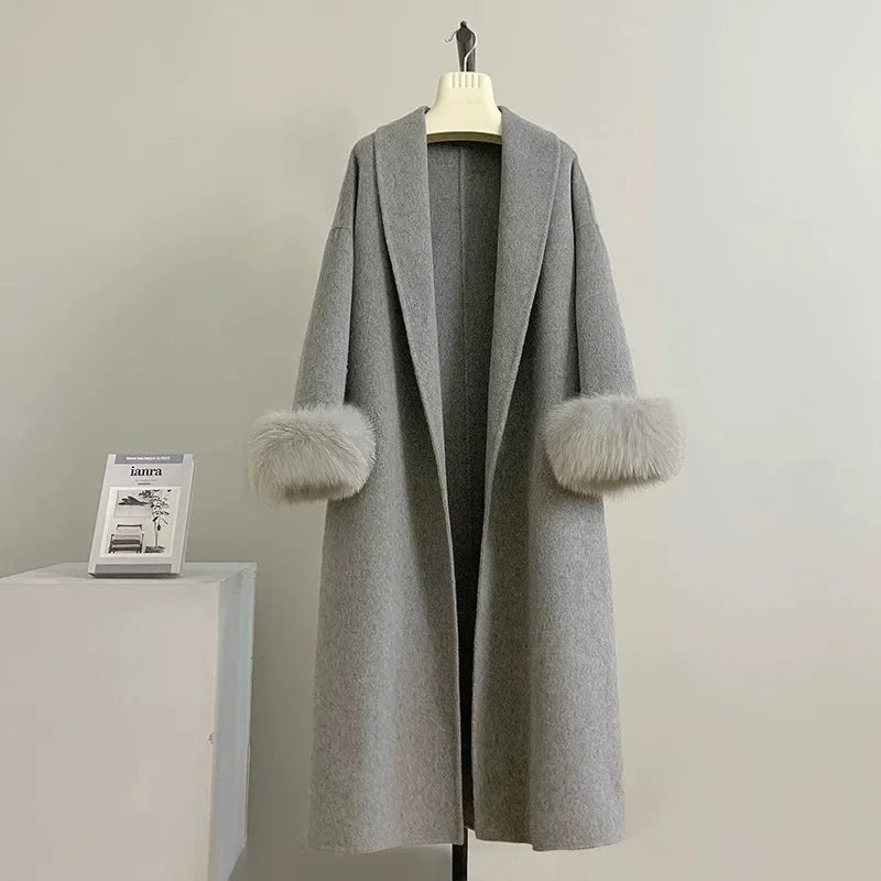 Lace-Up Fur Fluffy Lapel Long Sleeve Overcoat