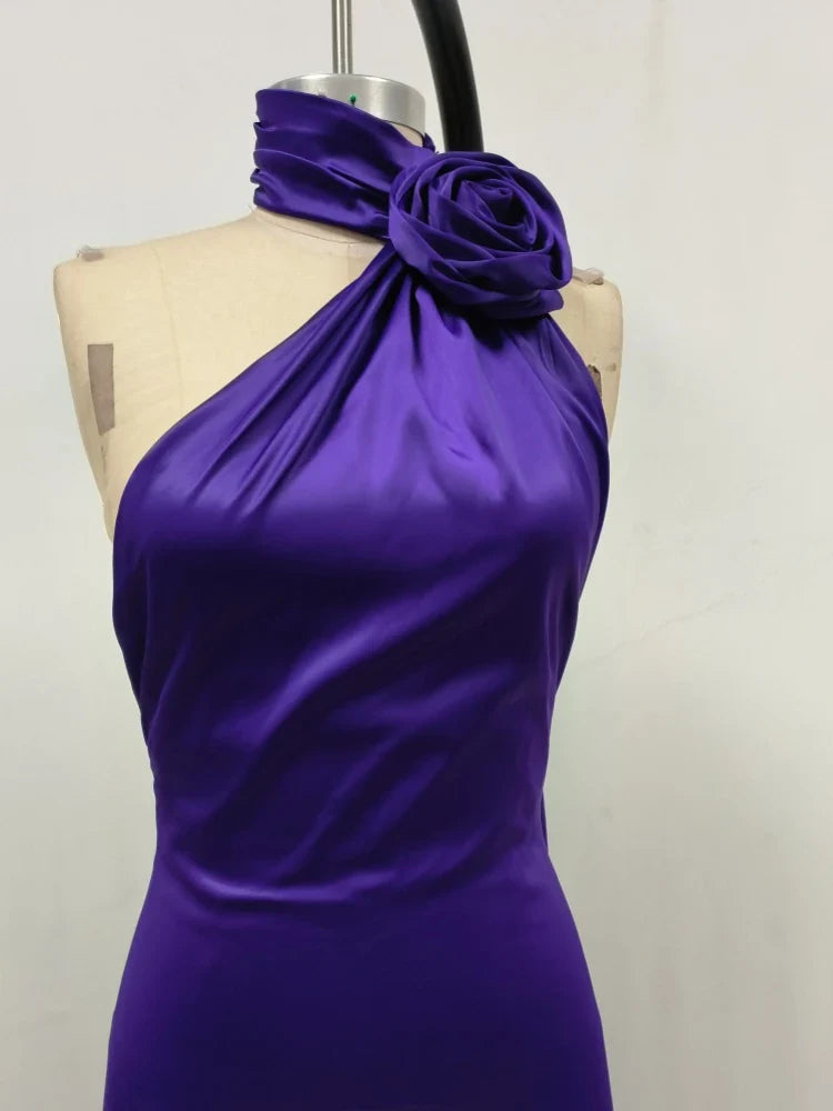 Purple Satin Halter Neck 3D Flower Scarf Maxi Dress
