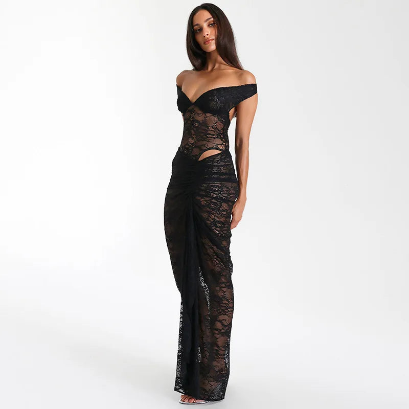 Lace Deep V Sleeveless Tight Split Long Dress