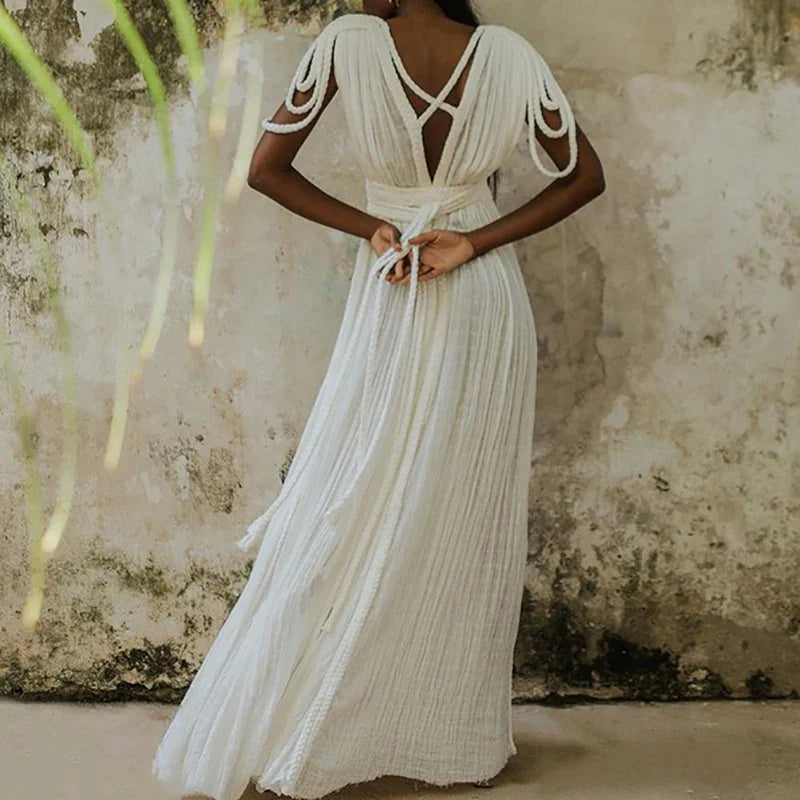 Solid Split Pleated Bandage Long Dress