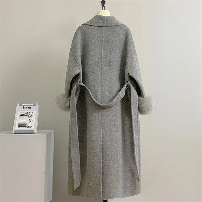 Lace-Up Fur Fluffy Lapel Long Sleeve Overcoat