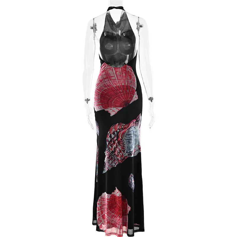 Backless Printed Patchwork Beach Holiday Long Dress