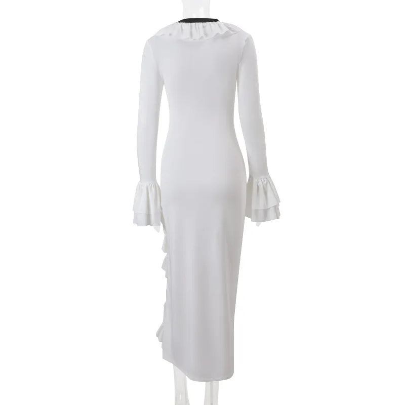 Long Sleeved Ruffled Slit Maxi Dress for Women