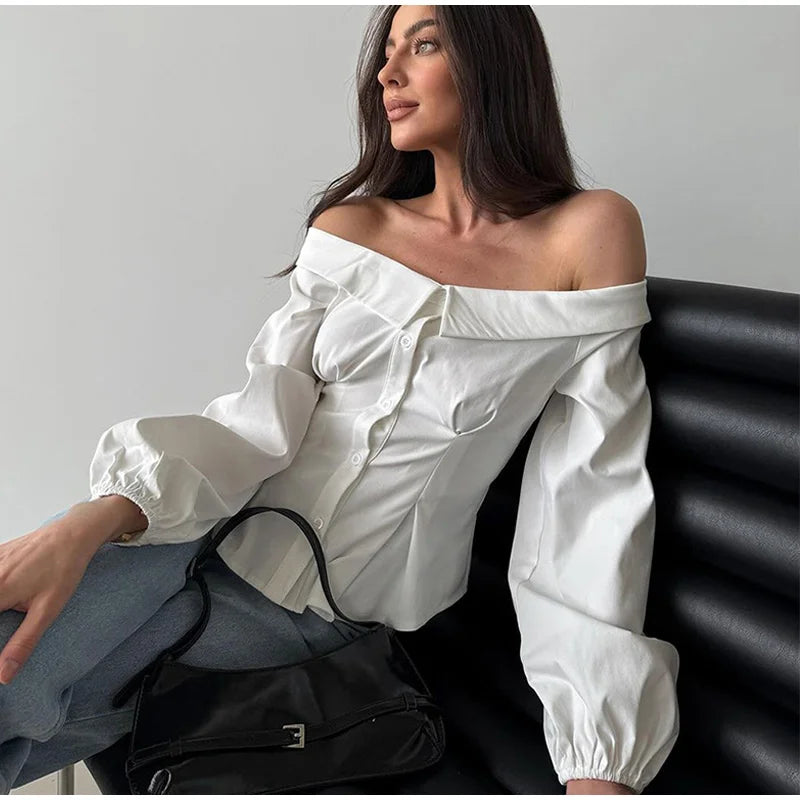 Off-Shoulder White Long Sleeved Blouse