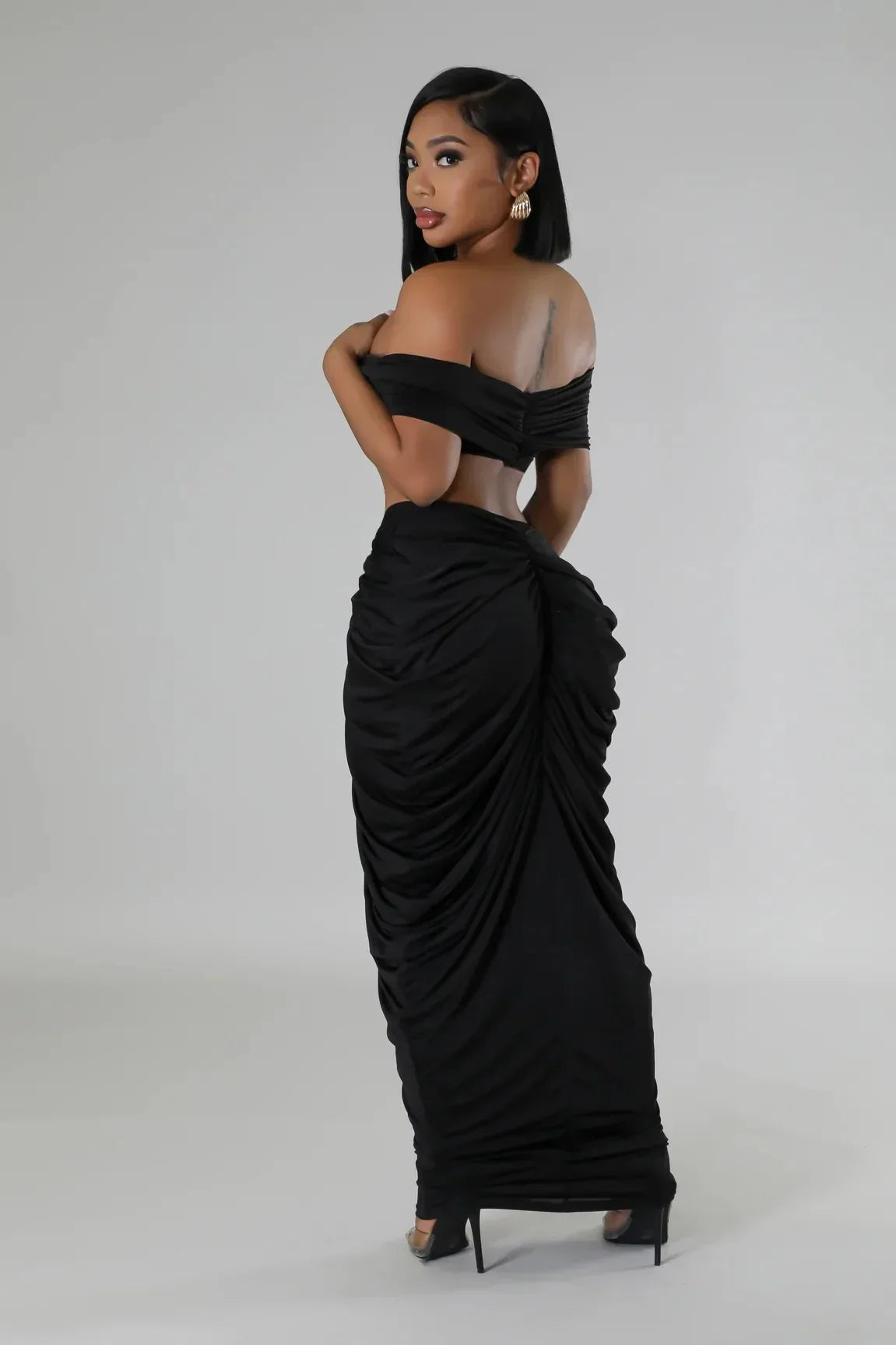 Pleated Strapless Crop Top and Long Skirt Suit