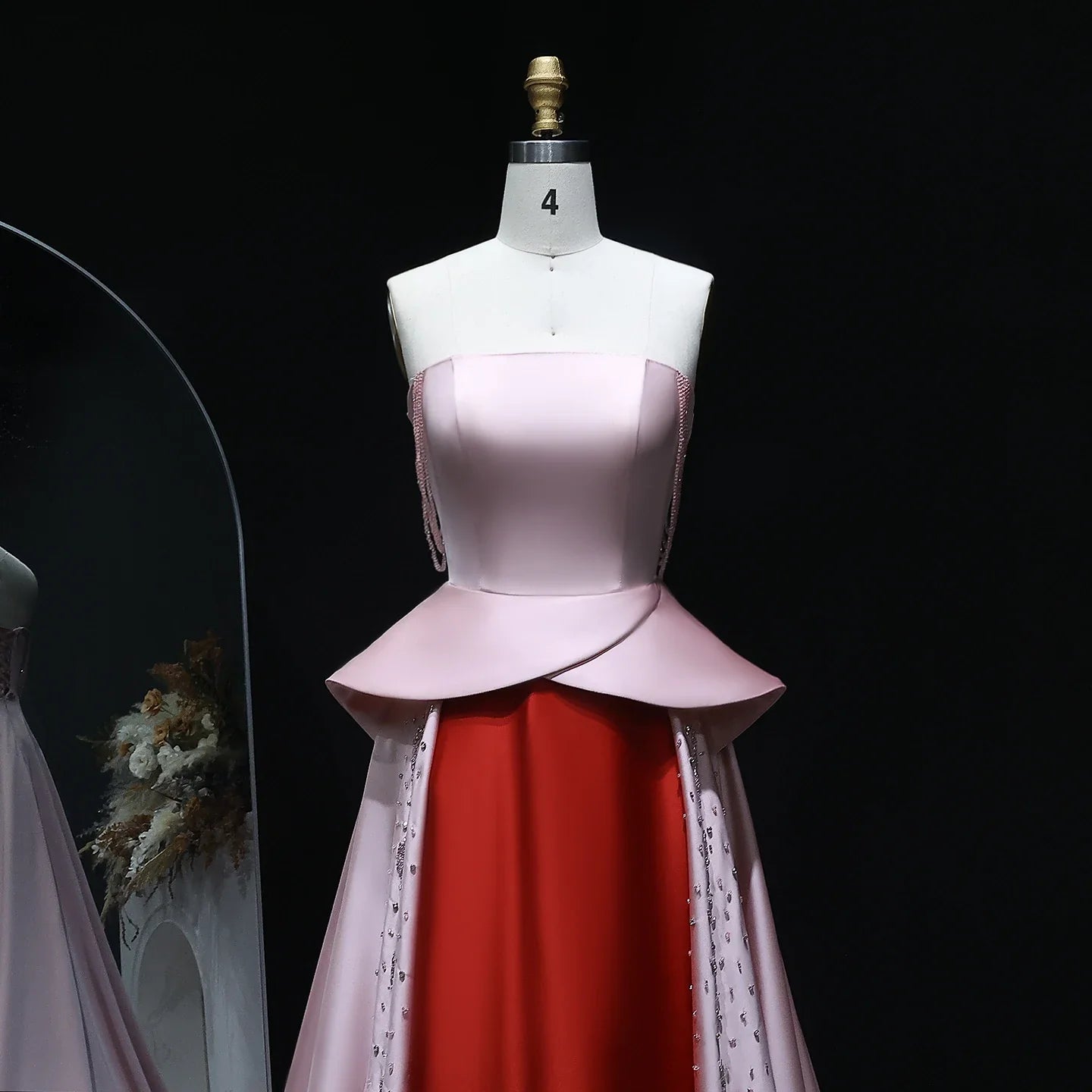 Strapless Pink and Red Two-Tone Evening Gowns