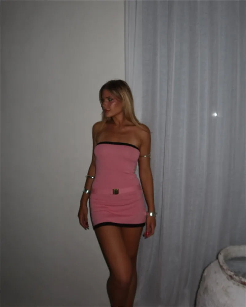 Two-Tone Strapless Ribbed Belt Mini Dress