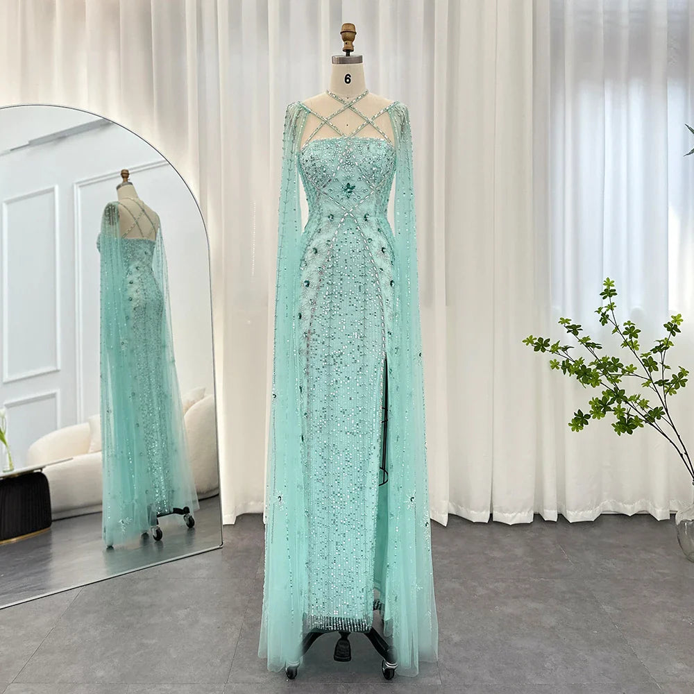 Aqua Mermaid Evening Gown with Cape Sleeves