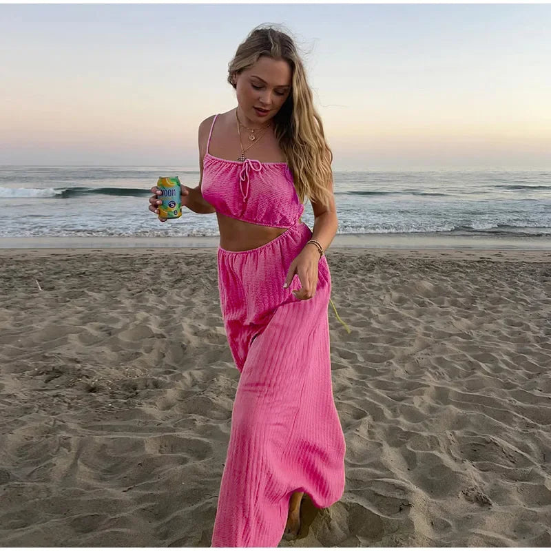 Lace Up Solid Color Open Back Long Dress