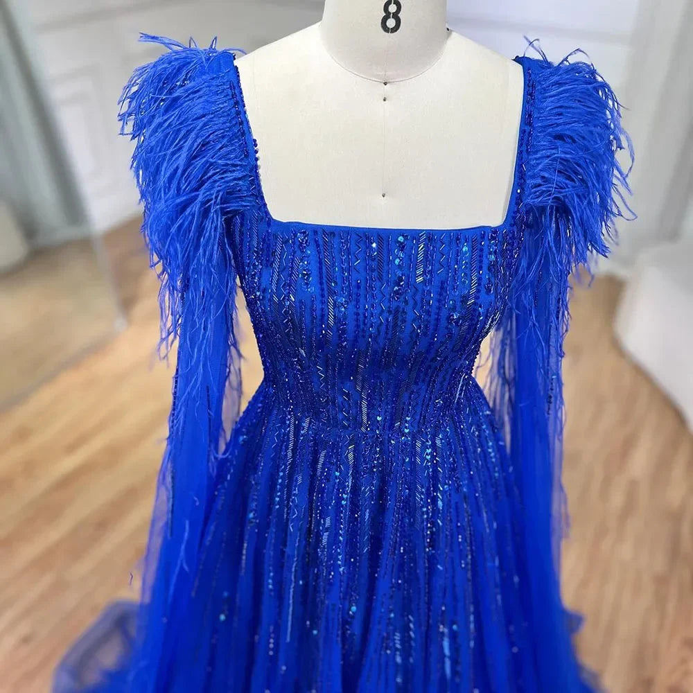 Cape Sleeves Feathers Beaded Evening Dresses