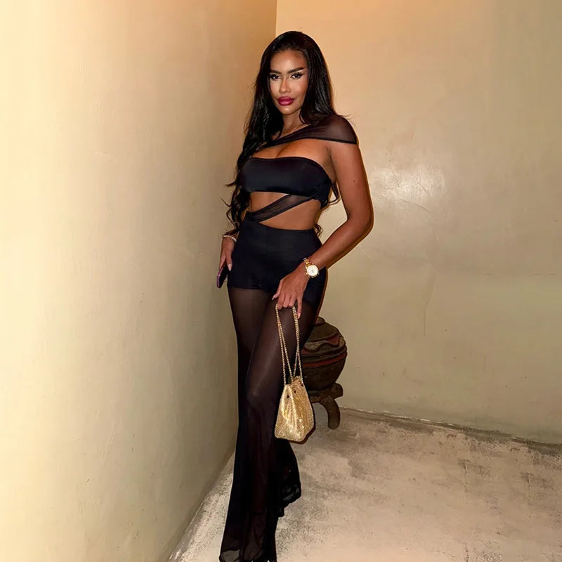 Mesh Patchwork One Piece Wide Leg Pants Jumpsuit