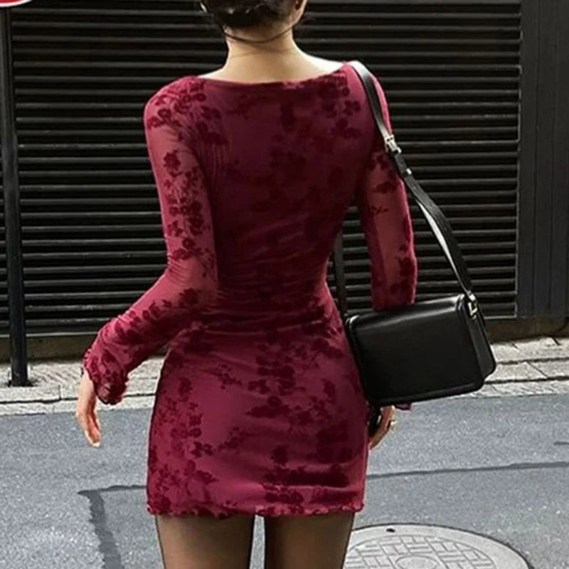 Wine Red Print Long Sleeves Knitted Dress