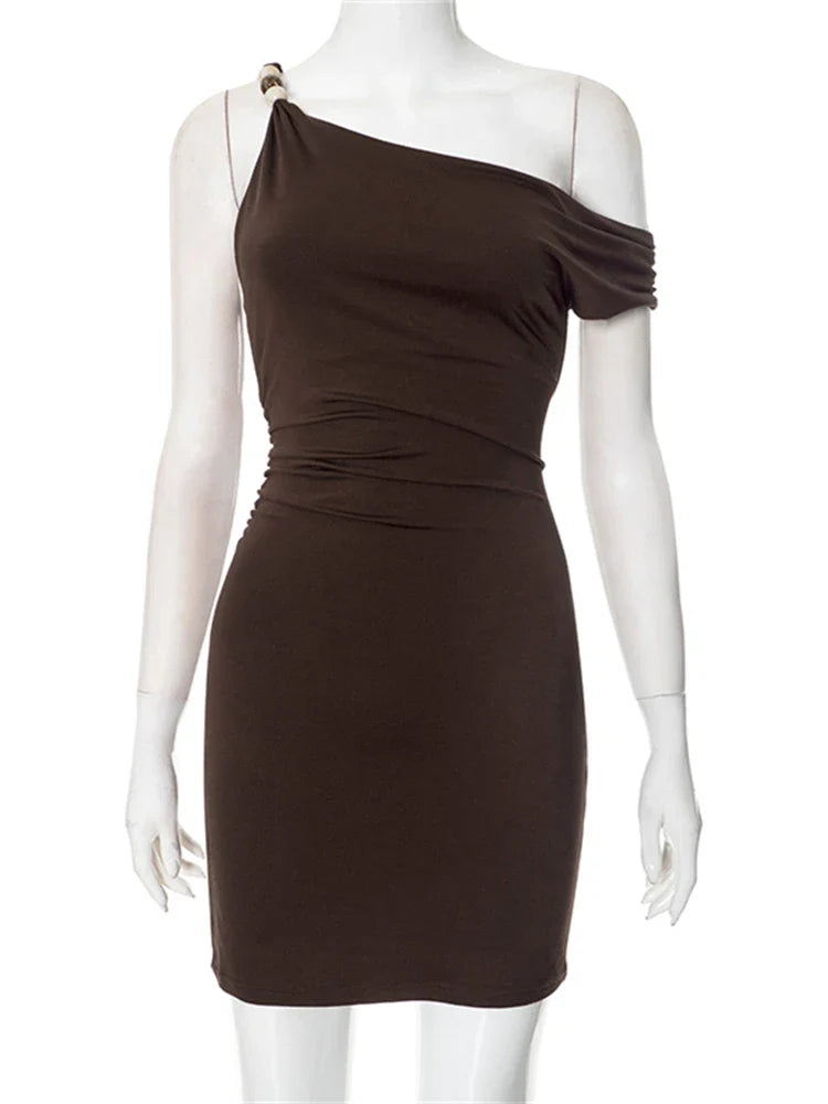 Beaded Asymmetric Slant Neck Mini Dress